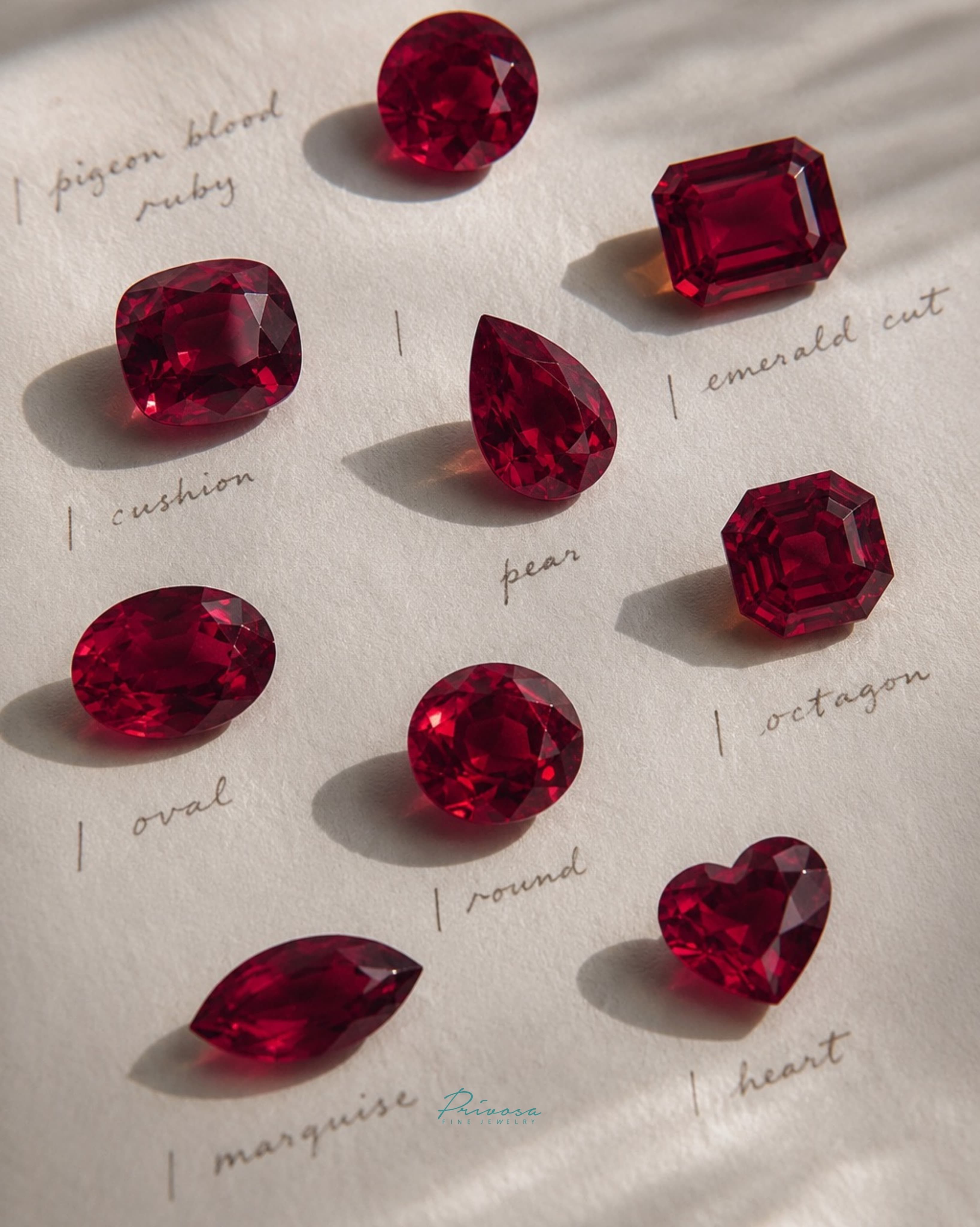 A pigeon blood ruby across emerald, pear, and cushion cuts — 1