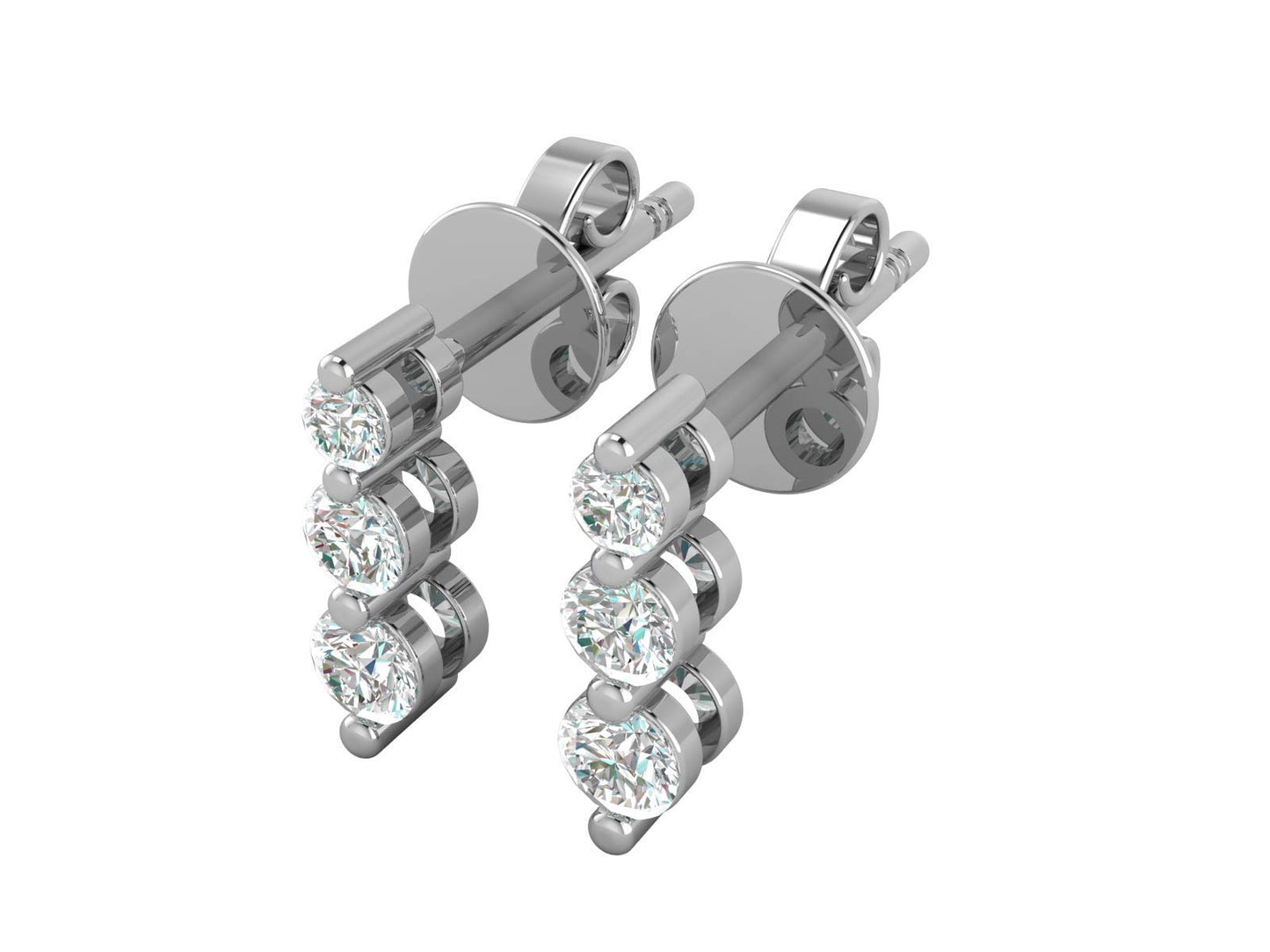 14K Gold (White or Yellow) 1/6 Carat (G-H Color, SI2-I1 Clarity) Natural Diamond Three-Stone Stud Earrings for Women - Image 2