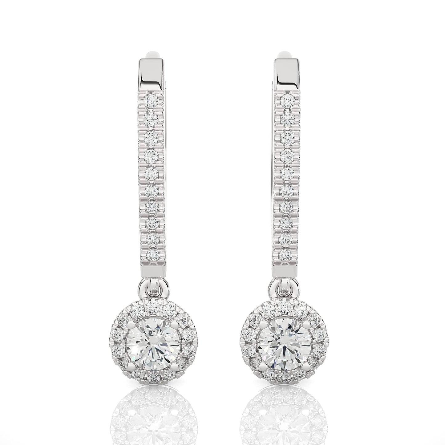 1/2 to 1 Carat Diamond Round Halo Dangle Earrings for Women in 14k White Gold (F-G, SI2-I1, cttw) Leverback by Privosa Fine Jewelry - 1/2 Carat