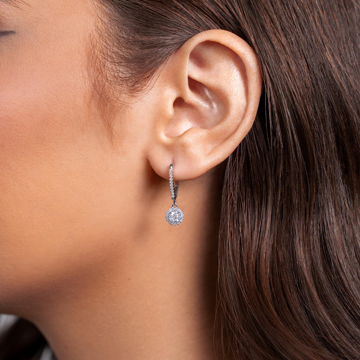 1/2 to 1 Carat Diamond Round Halo Dangle Earrings for Women in 14k White Gold (F-G, SI2-I1, cttw) Leverback by Privosa Fine Jewelry - Image 2