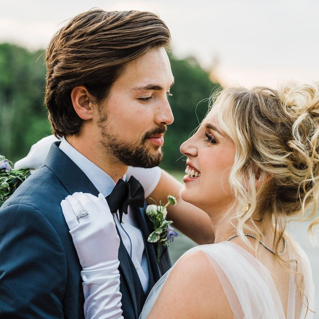 A bride and groom at golden hour